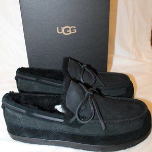 NIB UGG MEN'S SUEDE SHEARLING TIE MOCCASIN LOAFER SHOES SLIPPERS BLACK